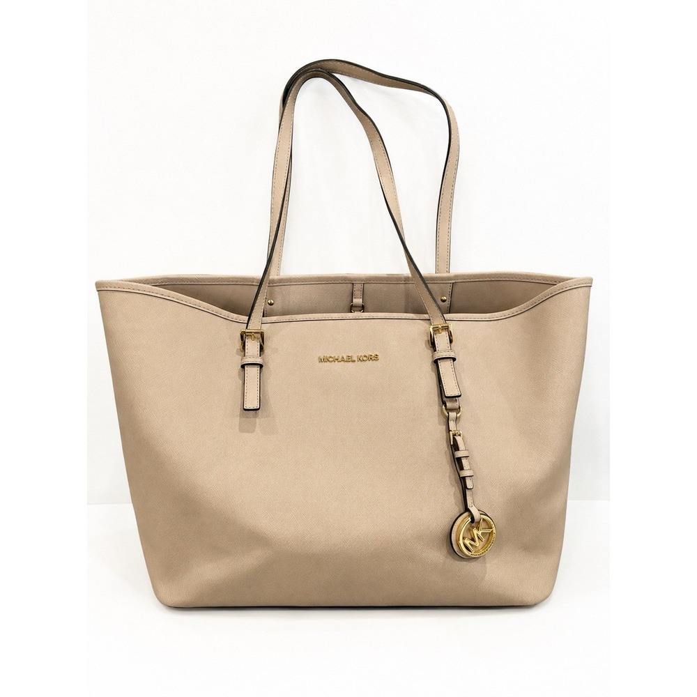 Michael Kors Jet Set Large Tote Bag Tan Beige Saffiano Leather Gold MK Charm